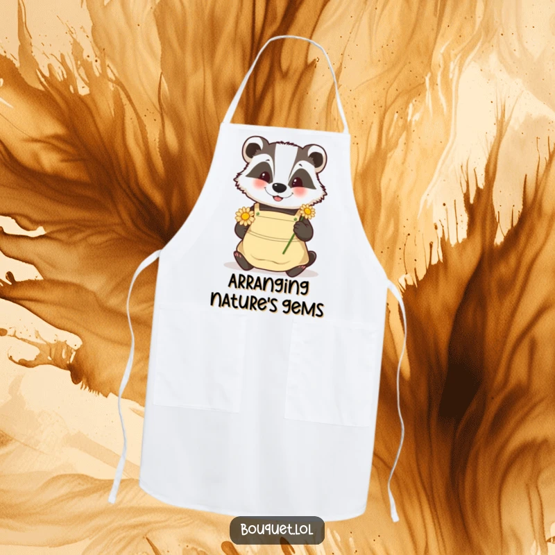 Funny badger gardener apron, a happy badger wearing an apron carefully placing a daisy, perfect for gentle tasks.