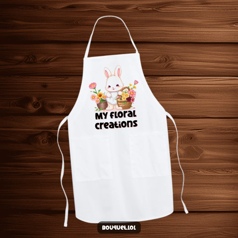 Funny Bunny Florist Apron: Bunny arranging colorful flowers, perfect for kitchen tasks.