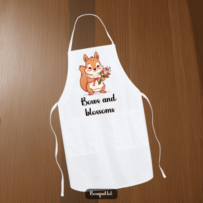 Funny apron showing a determined squirrel in an apron, meticulously tying a ribbon around a flower bunch, perfect for kitchen or craft room.