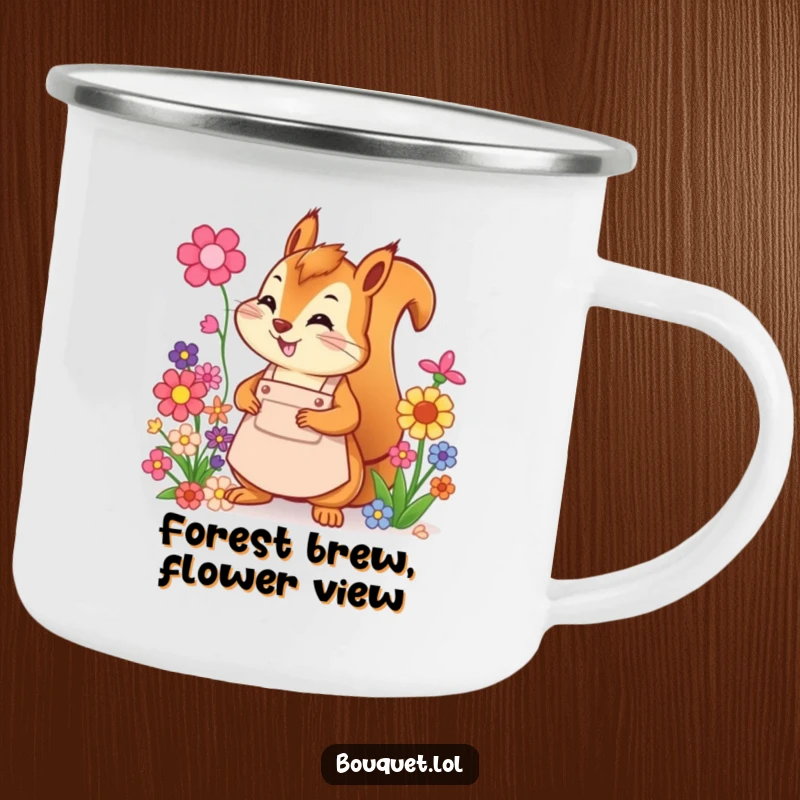 Funny squirrel florist camping mug, cheerful squirrel in apron arranging flowers, ideal for outdoor enthusiasts who love nature and humor.