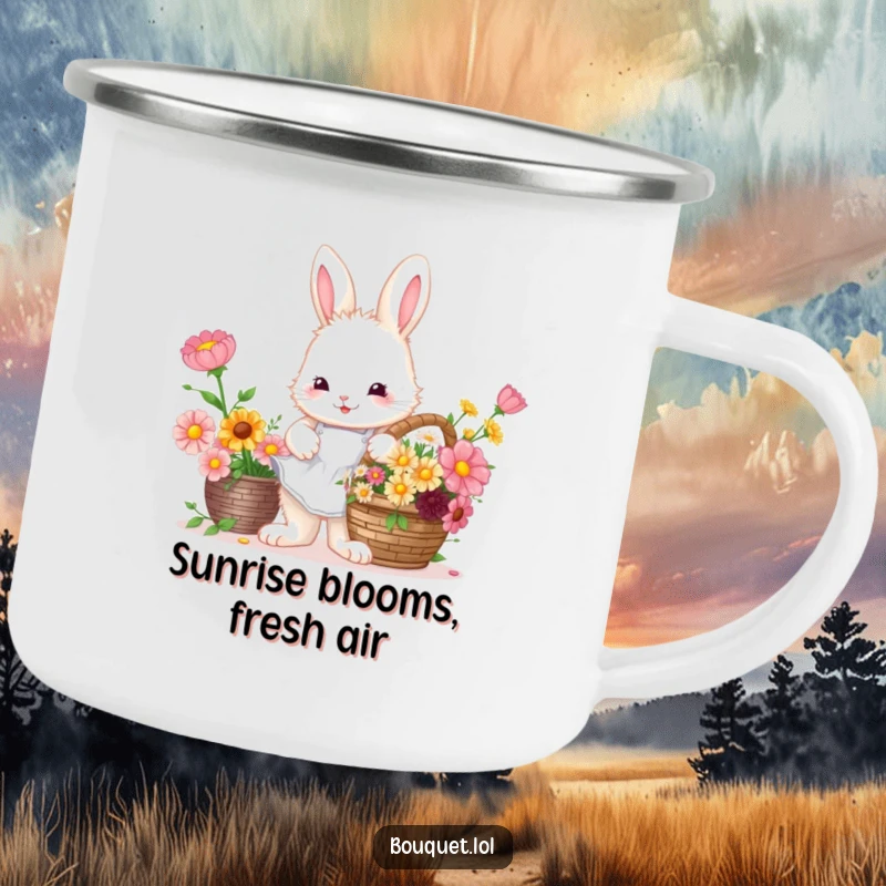 Funny Bunny Florist Camping Mug: Bunny arranging flowers, perfect for outdoor drinks.