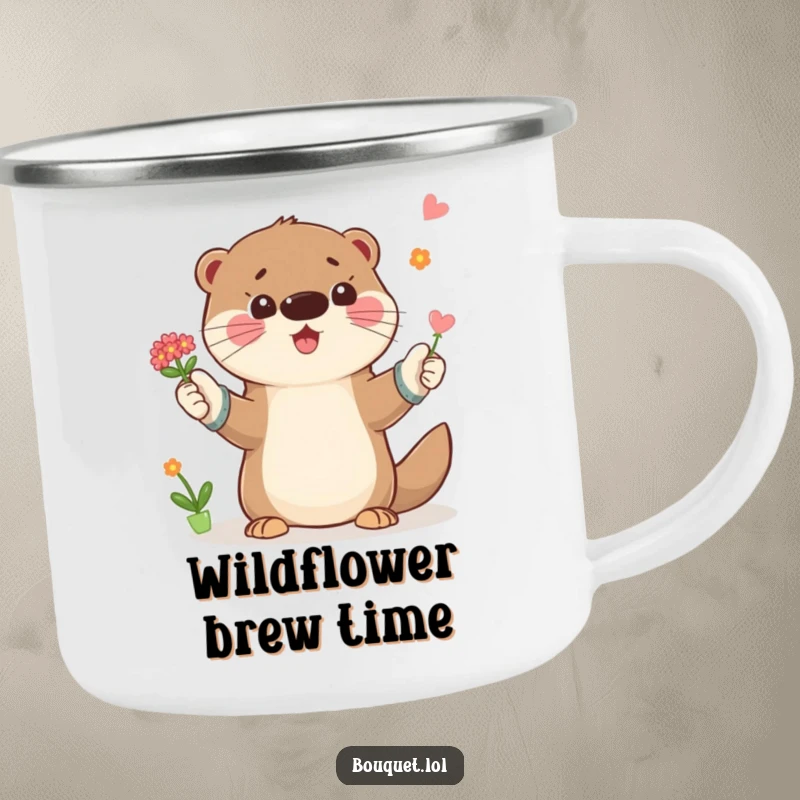 Funny camping mug with a playful otter in gardening gloves, tossing a small bouquet of flowers, ideal for outdoor activities and warm drinks.
