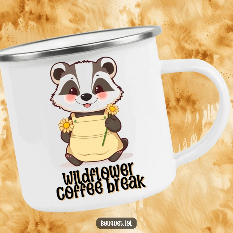Funny badger gardener camping mug, a happy badger carefully placing a daisy, ideal for nature lovers enjoying the outdoors.