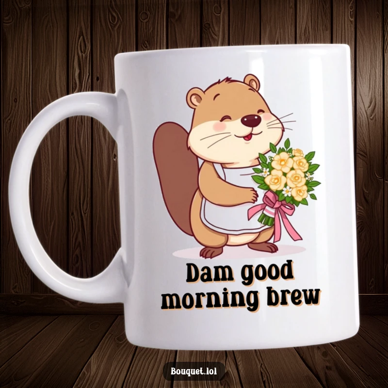 Funny beaver florist mug, a busy beaver wearing an apron expertly tying a ribbon on a beautiful flower bouquet with focus.