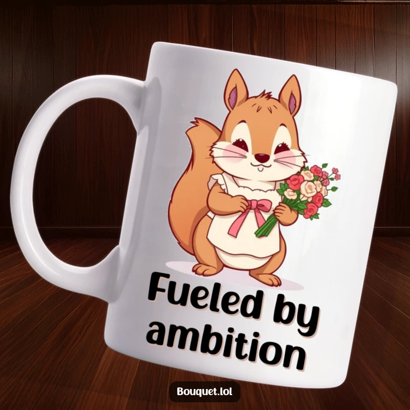 Funny mug featuring a determined squirrel in an apron, meticulously tying a ribbon around a flower bunch, showcasing crafty dedication.