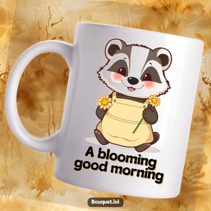 Funny badger gardener mug, a happy badger wearing an apron carefully placing a delicate daisy into the earth or a pot.