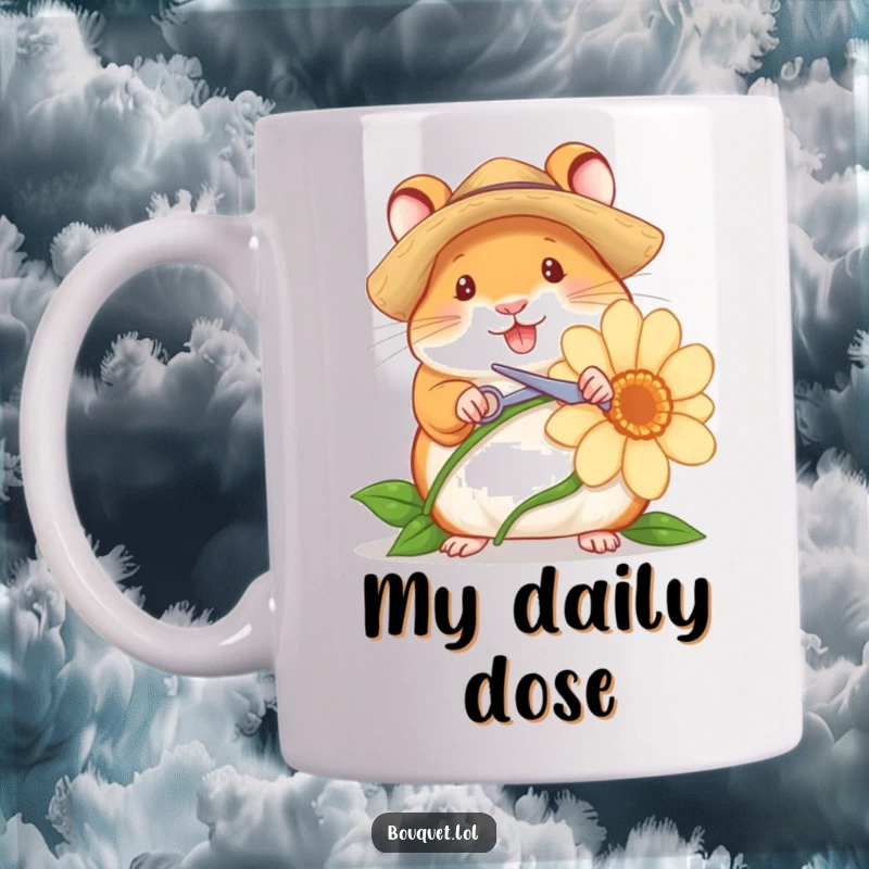 Funny mug showcasing a cheerful hamster in a straw hat, meticulously snipping a flower stem with tiny scissors, radiating gardening joy.