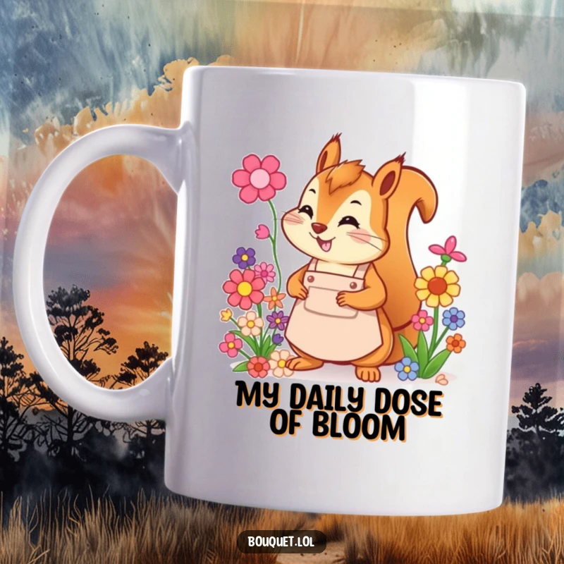 Funny squirrel florist mug, happily arranging a vibrant bouquet of colorful flowers while wearing a cute apron, spreading cheer.