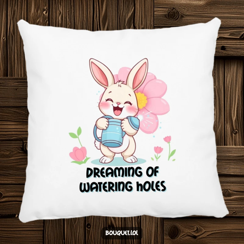 Funny bunny gardener pillow, a delighted rabbit playfully watering a large flower bloom, offering comfort and a touch of garden whimsy.