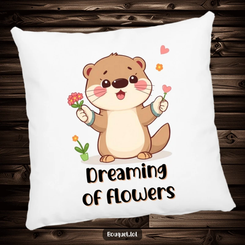 Funny pillow featuring a playful otter in gardening gloves, tossing a small bouquet of flowers, soft and humorous home decor.