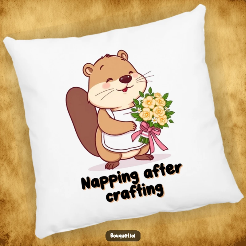 Funny beaver florist pillow, a busy beaver expertly tying a ribbon on a bouquet, offering comfort and a touch of crafty decor.