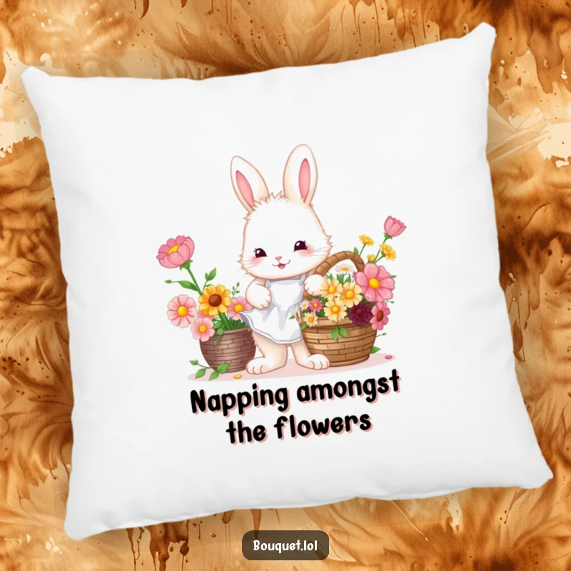 Funny Bunny Florist Pillow: Bunny in apron arranging flowers, offering cozy floral humor.