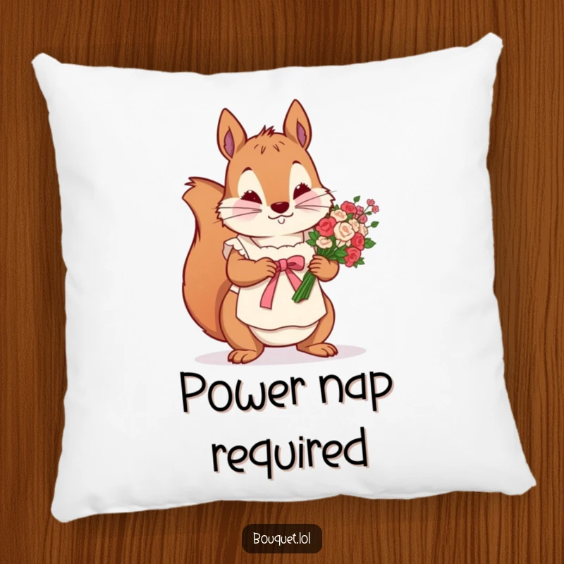 Funny pillow featuring a determined squirrel in an apron, meticulously tying a ribbon around a flower bunch, soft and inspiring decor.