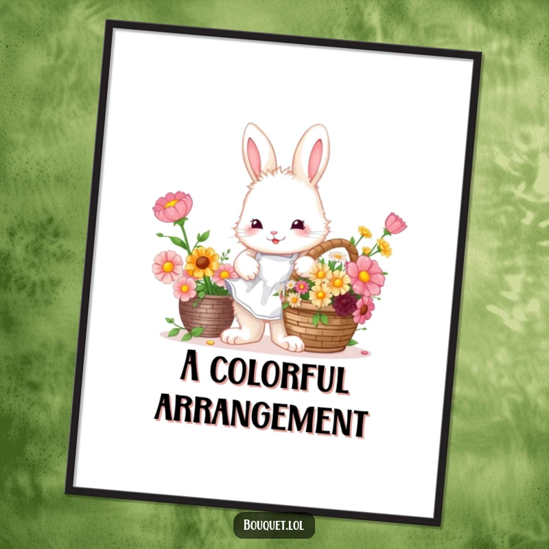 Funny Bunny Florist Digital Art Print: Cute bunny arranging flowers, ready to print.