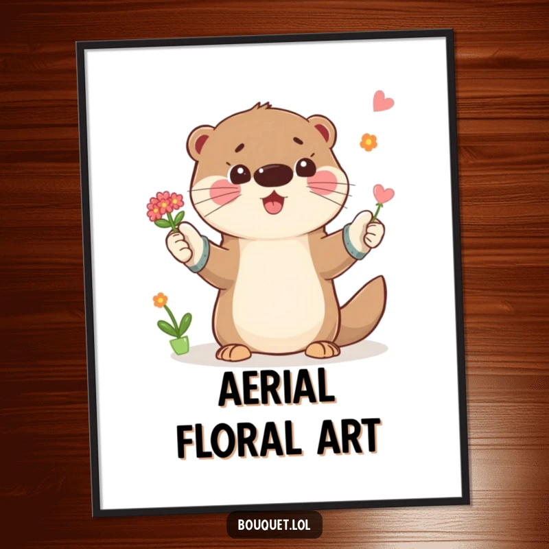 Funny digital art print of a playful otter in gardening gloves, joyfully tossing a small bouquet of flowers, whimsical and happy illustration.