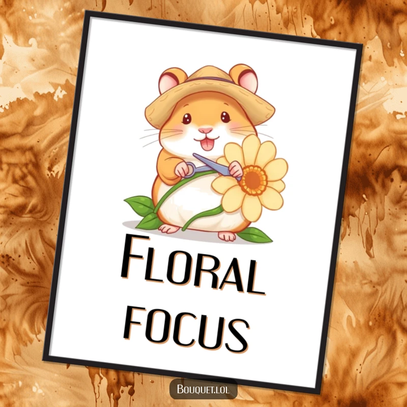 Funny digital art print of a cheerful hamster gardener in a straw hat, using tiny scissors to cut a flower stem, whimsical illustration.