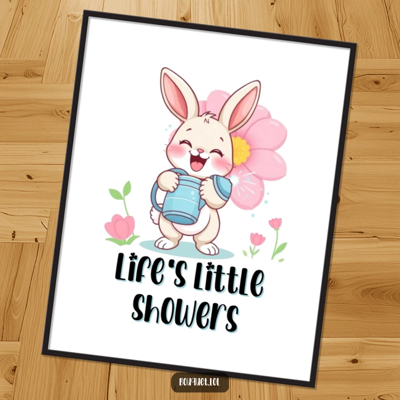 Funny bunny gardener digital art print, a delighted rabbit playfully watering a large bloom, capturing garden joy and whimsy.