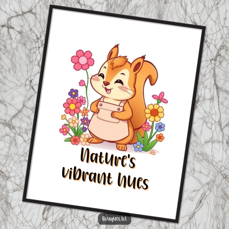 Funny squirrel florist digital art print, a cheerful squirrel in an apron arranging colorful flowers with artistic flair and joy.