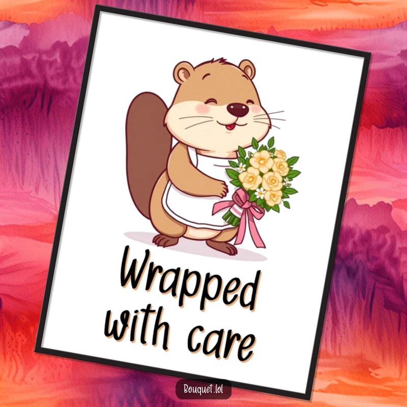 Funny beaver florist digital art print, a busy beaver expertly tying a ribbon on a flower bouquet, showcasing detailed craftsmanship.