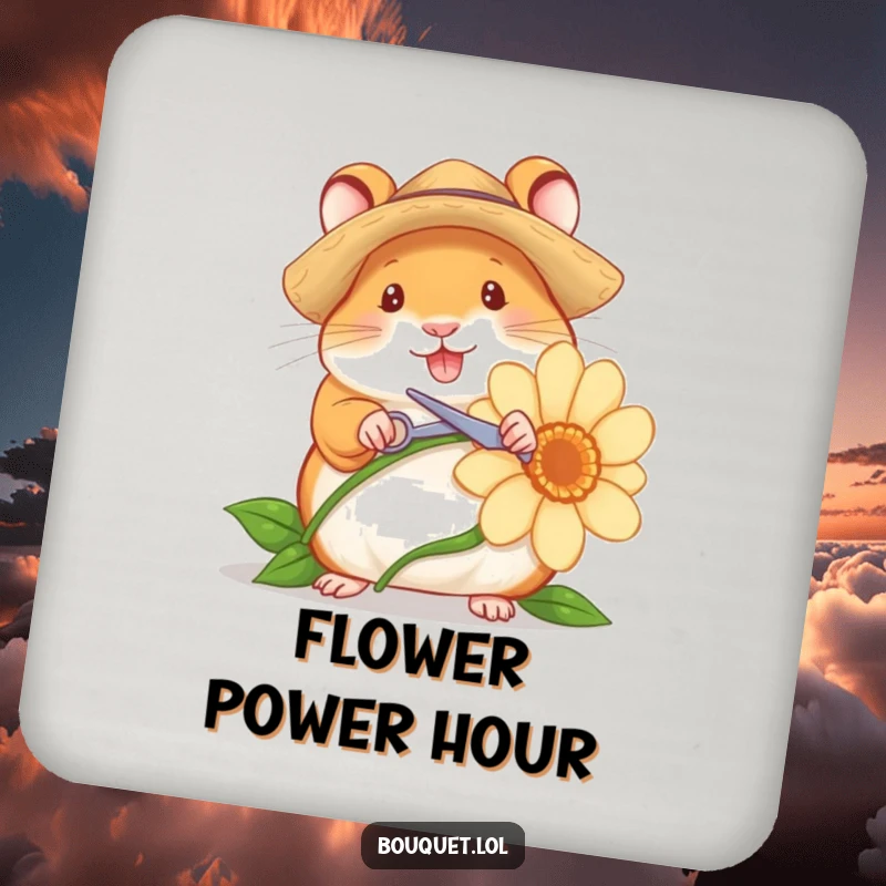 Funny drink coaster showing a cheerful hamster gardener with a straw hat and tiny scissors, snipping a flower stem, protecting furniture with humor.