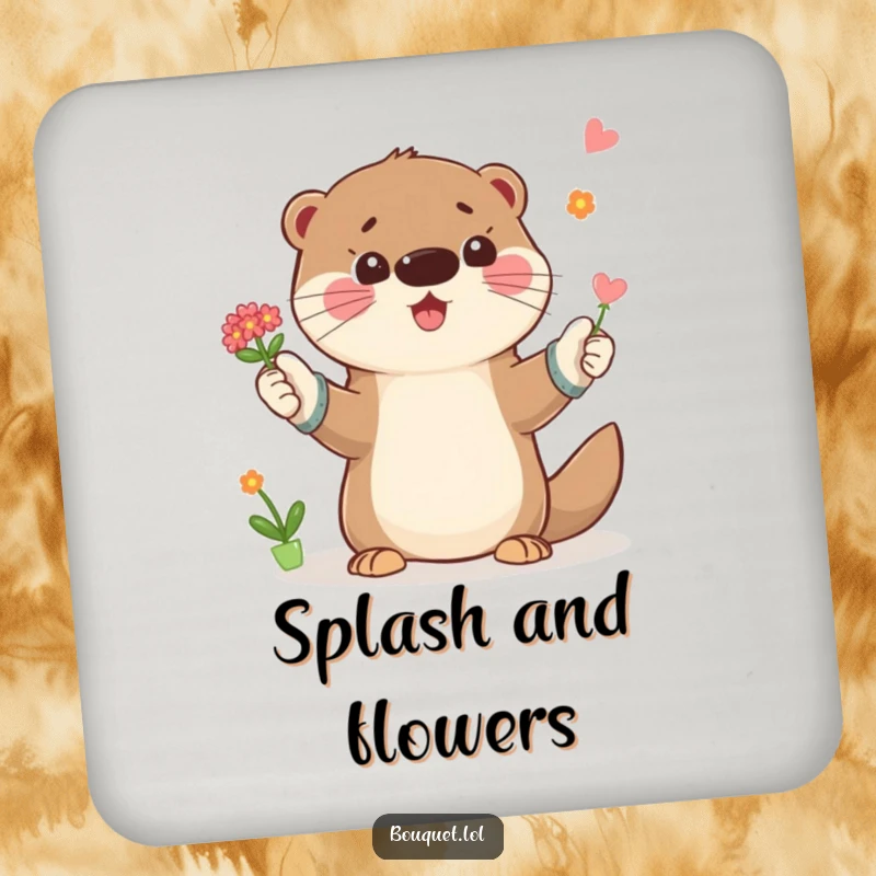 Funny drink coaster featuring a playful otter in gardening gloves, tossing a small bouquet of flowers, protecting surfaces with charm.
