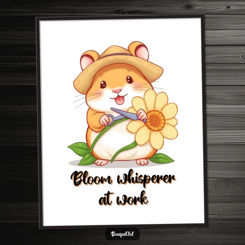 Funny poster illustration of a cheerful hamster in a straw hat, using small scissors to cut a large flower stem, vibrant garden art.