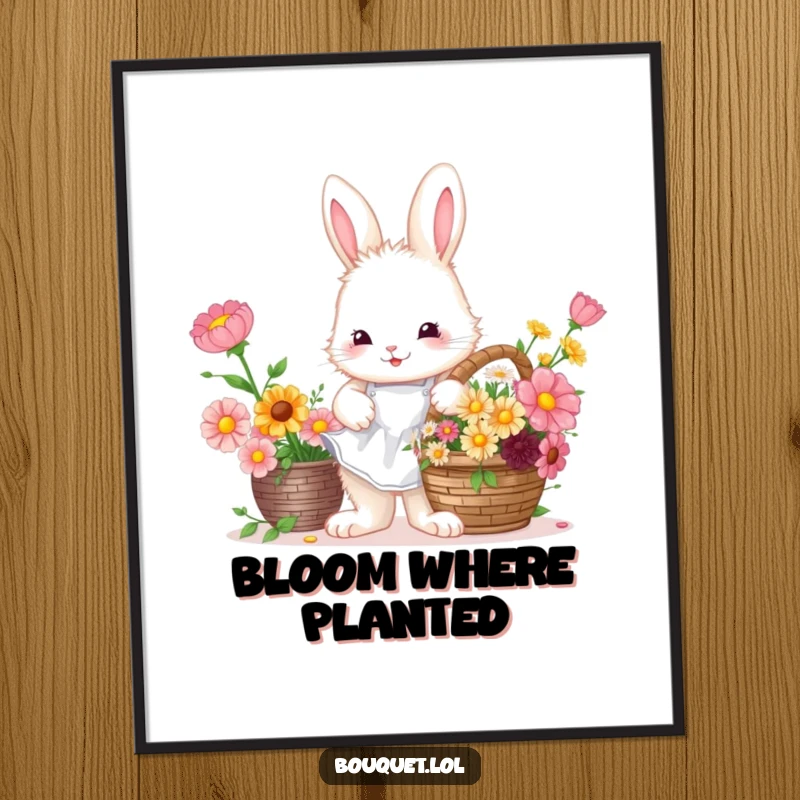 Funny Bunny Florist Poster: A cute bunny arranging colorful flowers in a basket, beautiful art.