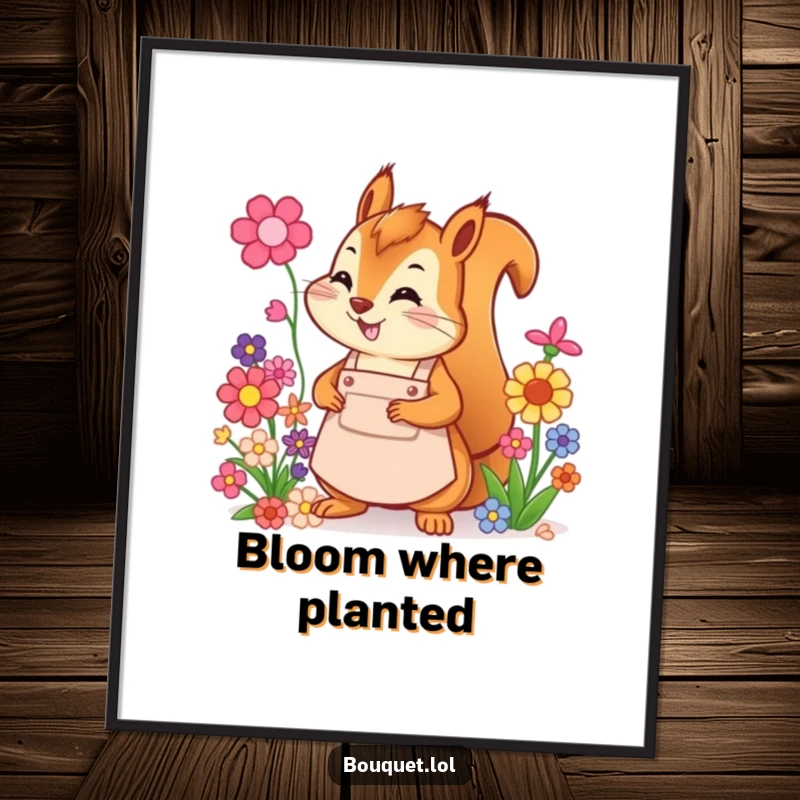 Funny squirrel florist poster, showing a happy squirrel dressed in an apron arranging a colorful bouquet of flowers with enthusiasm.
