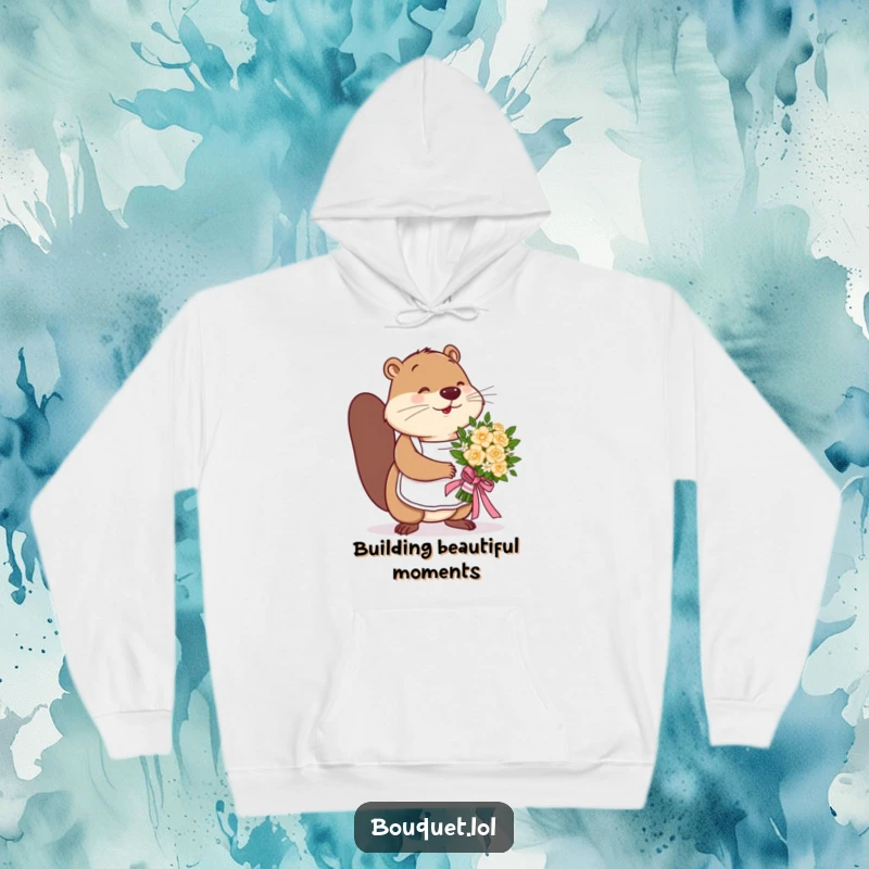 Funny beaver florist hoodie, depicted as a busy beaver expertly tying a ribbon on a floral bouquet, symbolizing diligence.