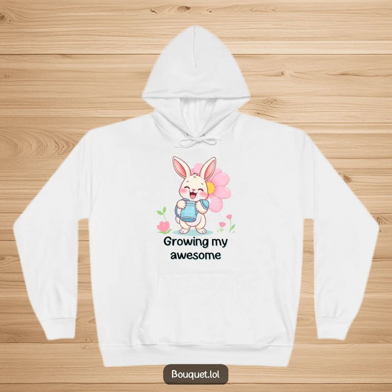 Funny bunny gardener hoodie, shows a delighted rabbit playfully watering a large flower bloom with a watering can, embodying garden joy.