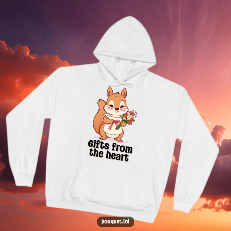 Funny hoodie featuring a determined squirrel in an apron, meticulously tying a ribbon around a flower bunch, cozy and focused design.