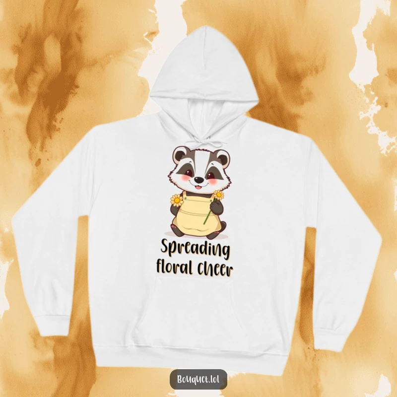 Funny badger gardener hoodie, depicting a happy badger wearing an apron, gently placing a daisy, perfect for nature enthusiasts.