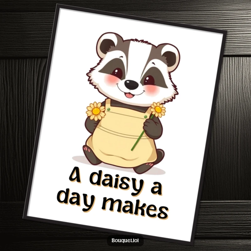 Funny Free Printable Wall Art: Happy badger in an apron carefully placing a daisy, creating serene and whimsical decor.