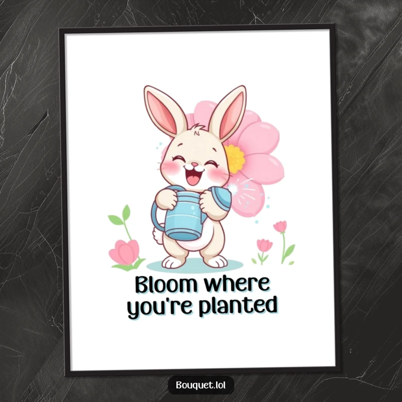 Funny Free Printable Wall Art: Delighted bunny holding a watering can, playfully spraying a large, vibrant bloom, cheerful decor.