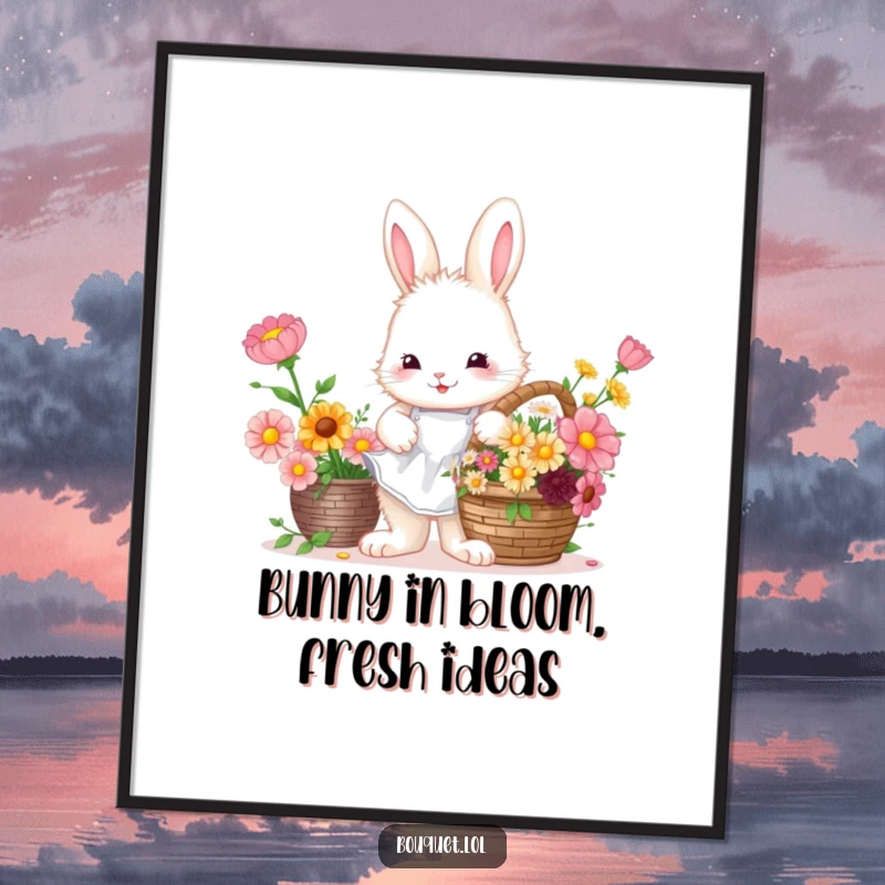Funny Free Printable Wall Art: Small fluffy bunny wearing an apron, excitedly arranging colorful blooms in a basket.