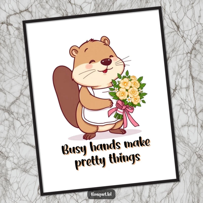 Funny Free Printable Wall Art: Busy beaver in an apron expertly tying a ribbon on a flower bouquet, whimsical craft decor.