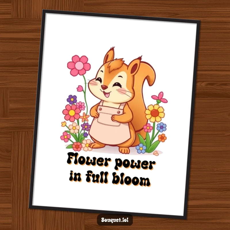 Funny Free Printable Wall Art: Cheerful squirrel in an apron energetically arranging a stunning bouquet of colorful flowers, whimsical decor.