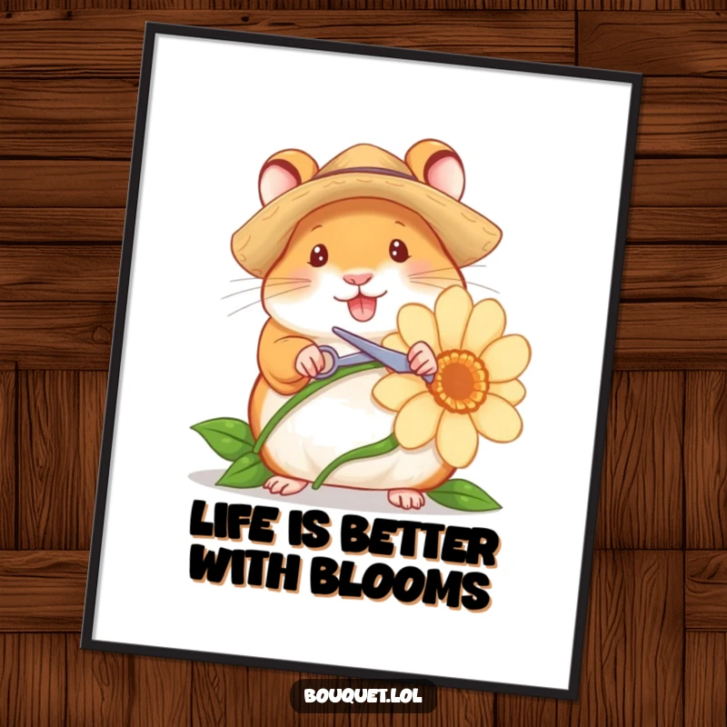 Funny Free Printable Wall Art: Cheerful hamster in straw hat meticulously snipping a flower stem with tiny scissors.