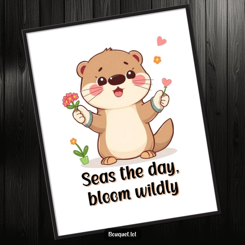 Funny Free Printable Wall Art: Playful otter in gardening gloves tossing a small bouquet of flowers in the air.