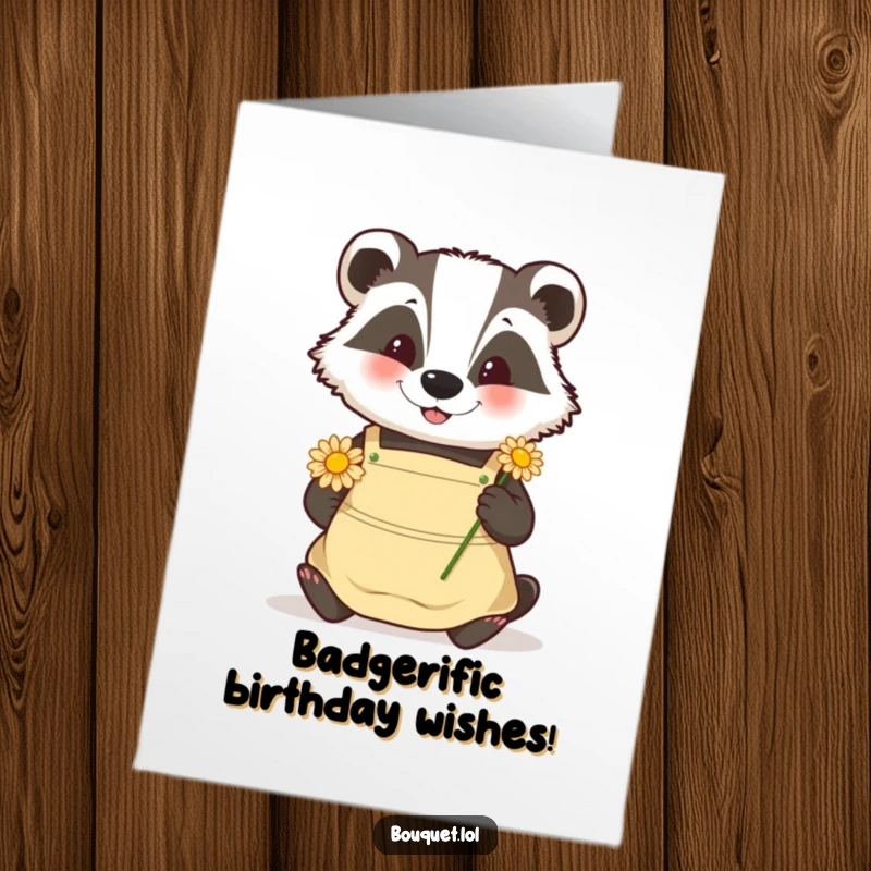 Funny Free Printable Birthday Card: Happy badger in apron carefully placing a delicate daisy, conveying birthday joy.