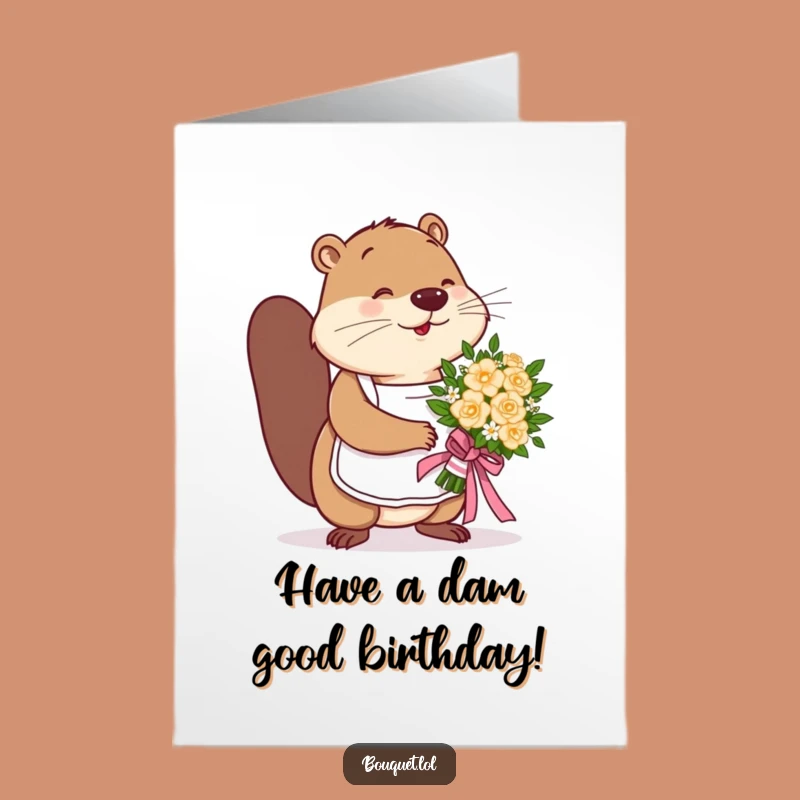 Free Printable Birthday Card: Beaver Tying Ribbon Funny Downloadable Gift