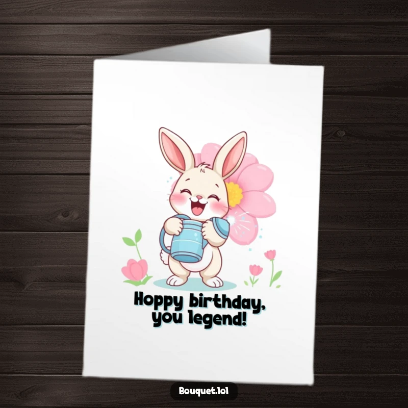 Funny Free Printable Birthday Card: Delighted bunny with watering can playfully spraying a giant flower, spreading birthday cheer.