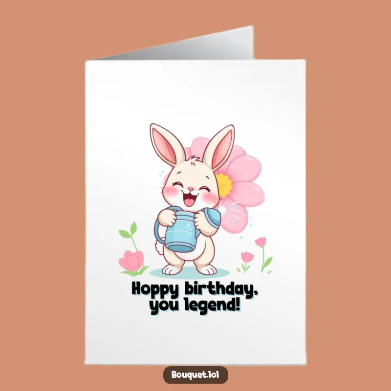 Free Printable Birthday Card: Delighted Bunny Watering Flowers Funny Downloadable Gift