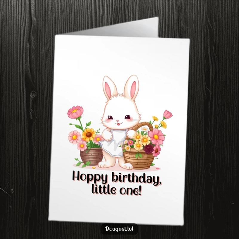 Funny Free Printable Birthday Card: Bunny in apron arranging flowers, celebrating a birthday with floral joy.