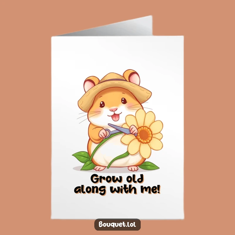 Free Printable Birthday Card: Funny Hamster with Scissors, Cheerful Flower Snipping Downloadable Gift