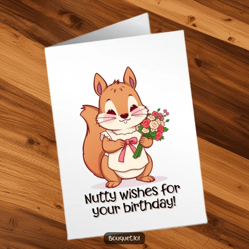 Funny Free Printable Birthday Card: Determined squirrel in apron meticulously tying a ribbon around a flower bunch.
