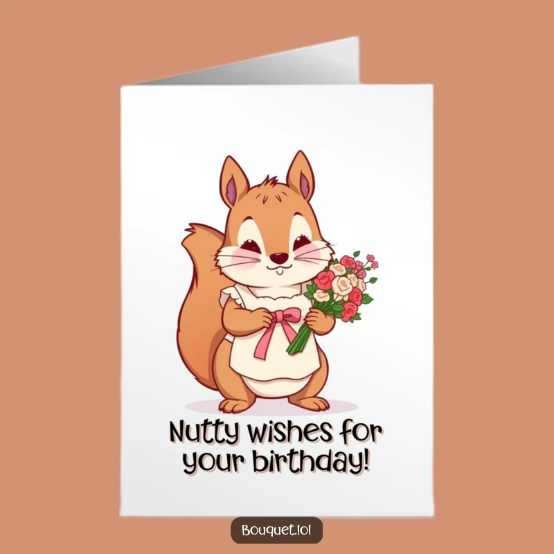 Free Printable Birthday Card: Determined Squirrel Decorating Flowers, Funny Birthday Downloadable Gift