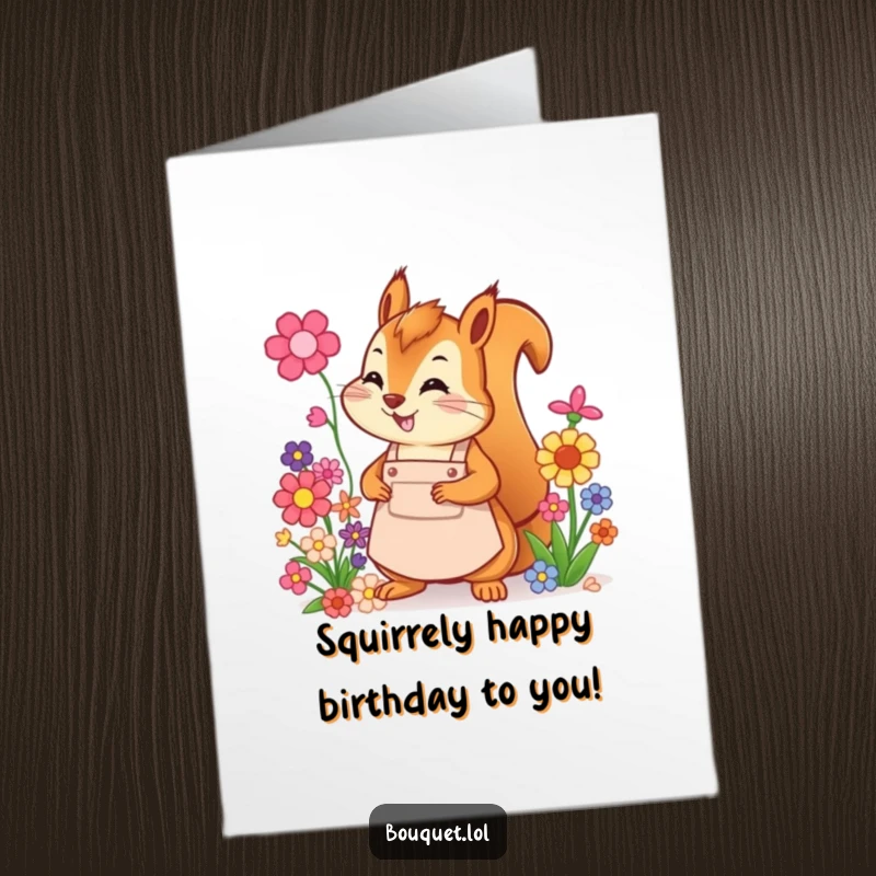 Funny Free Printable Birthday Card: Cheerful squirrel in apron energetically arranging colorful flowers with a smile, ready for gifting.