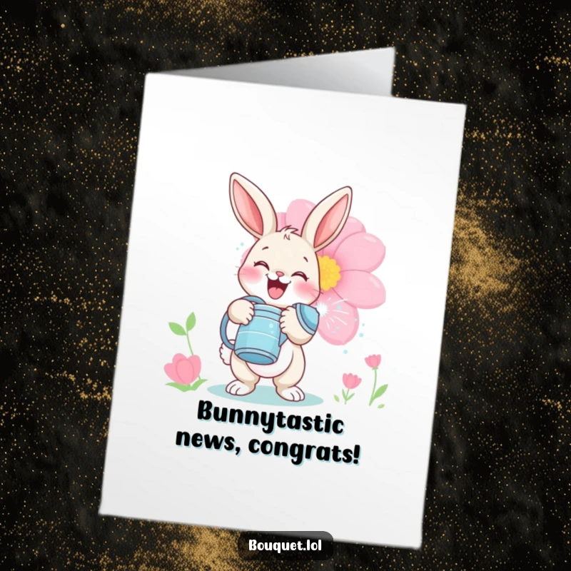 Funny Free Printable Congratulations Card: Happy bunny with watering can showering a large flower, celebrating accomplishments with glee.