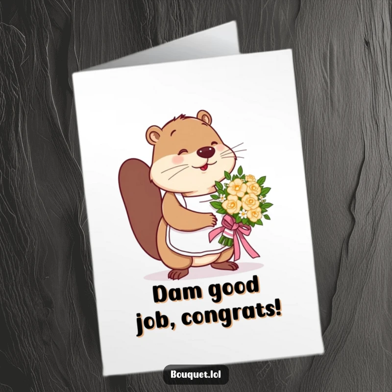 Funny Free Printable Congratulations Card: Busy beaver expertly tying a ribbon on a bouquet, celebrating success with a craft.